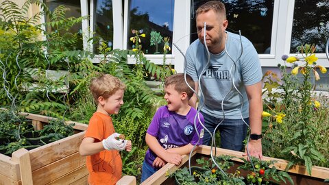 Stefan Beretz, Erzieher in der Kita Pusteblume, schaut mit Jakob und Noah nach den Tomaten.
